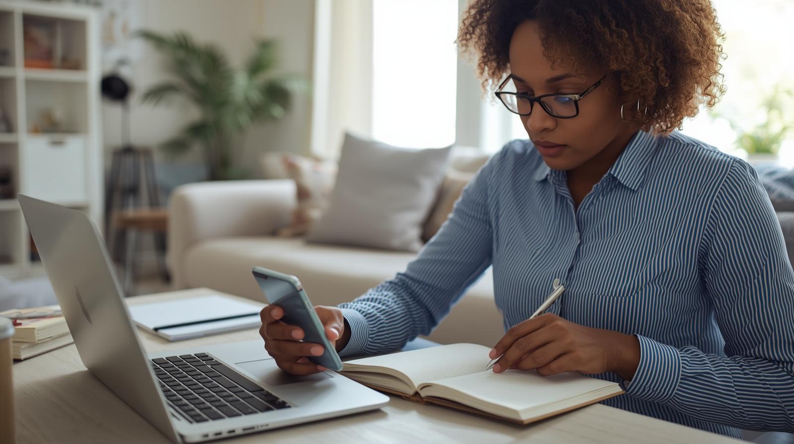 Pessoa comparando aplicativos de controle financeiro no notebook e no celular enquanto anota observações em um caderno.
