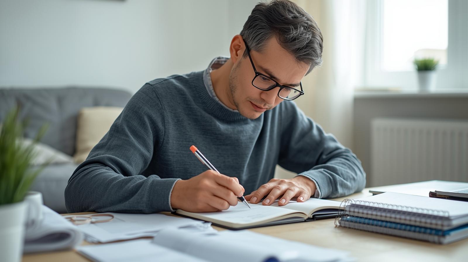 Pessoa anotando gastos manualmente em um caderno enquanto organiza recibos sobre a mesa.