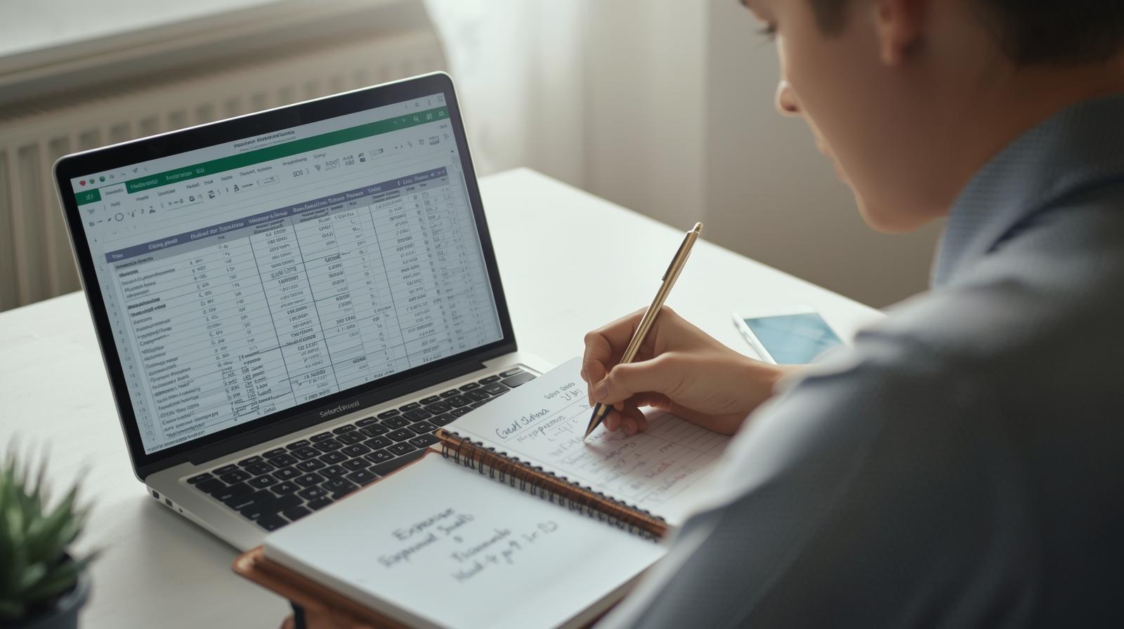 Pessoa criando uma planilha de controle financeiro no notebook enquanto organiza categorias de despesas em um caderno.