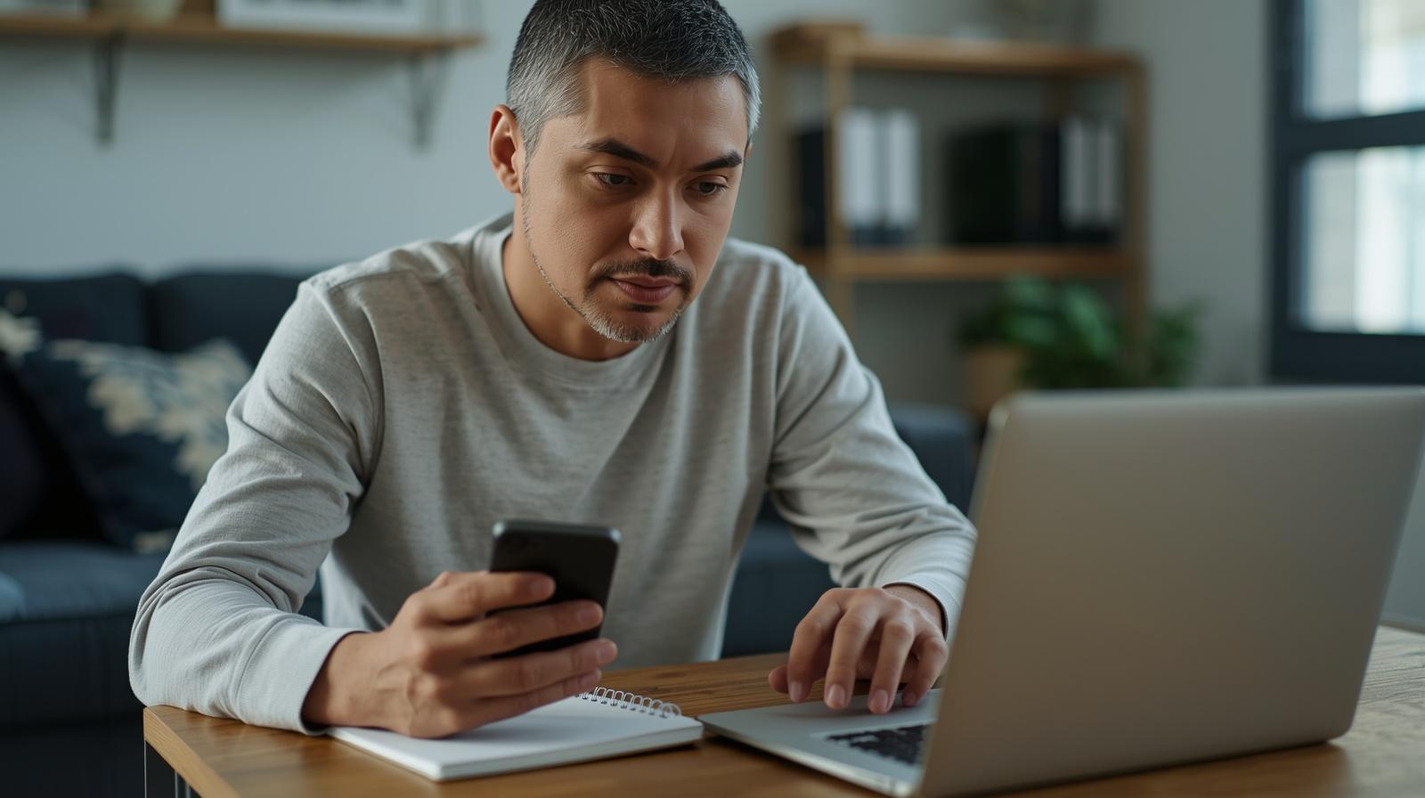 Pessoa usando smartphone e notebook para explorar aplicativos gratuitos que ajudam a economizar, anotando insights em um caderno.