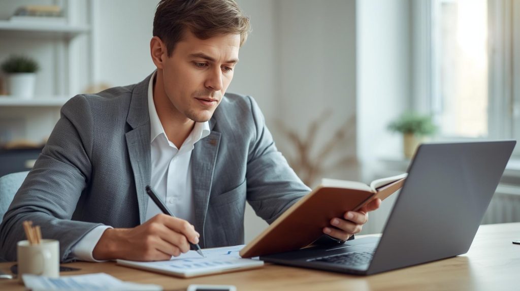 Pessoa organizando investimentos no notebook e anotando metas financeiras em um caderno de planejamento.