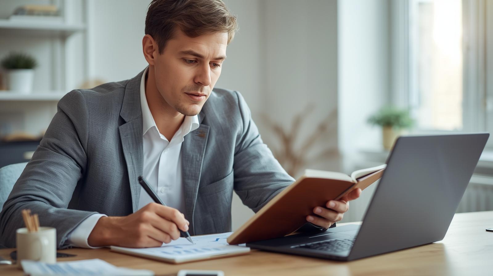 Pessoa organizando investimentos no notebook e anotando metas financeiras em um caderno de planejamento.