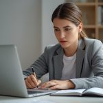 Pessoa organizando renda extra e tarefas de trabalho no notebook enquanto anota prioridades em um caderno.