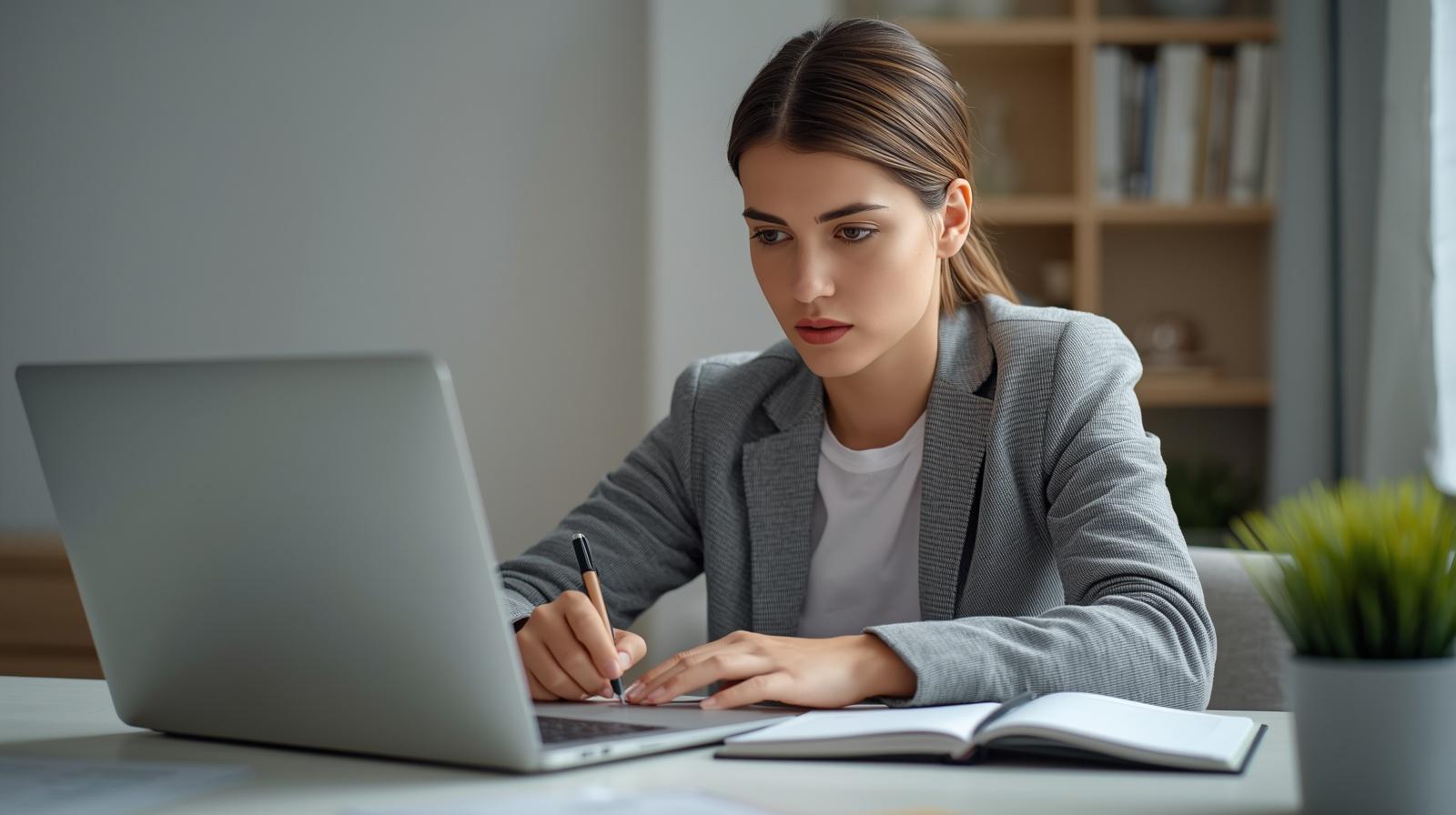Pessoa organizando renda extra e tarefas de trabalho no notebook enquanto anota prioridades em um caderno.