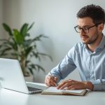 Pessoa utilizando habilidades profissionais no notebook e anotando ideias de serviços em um caderno.