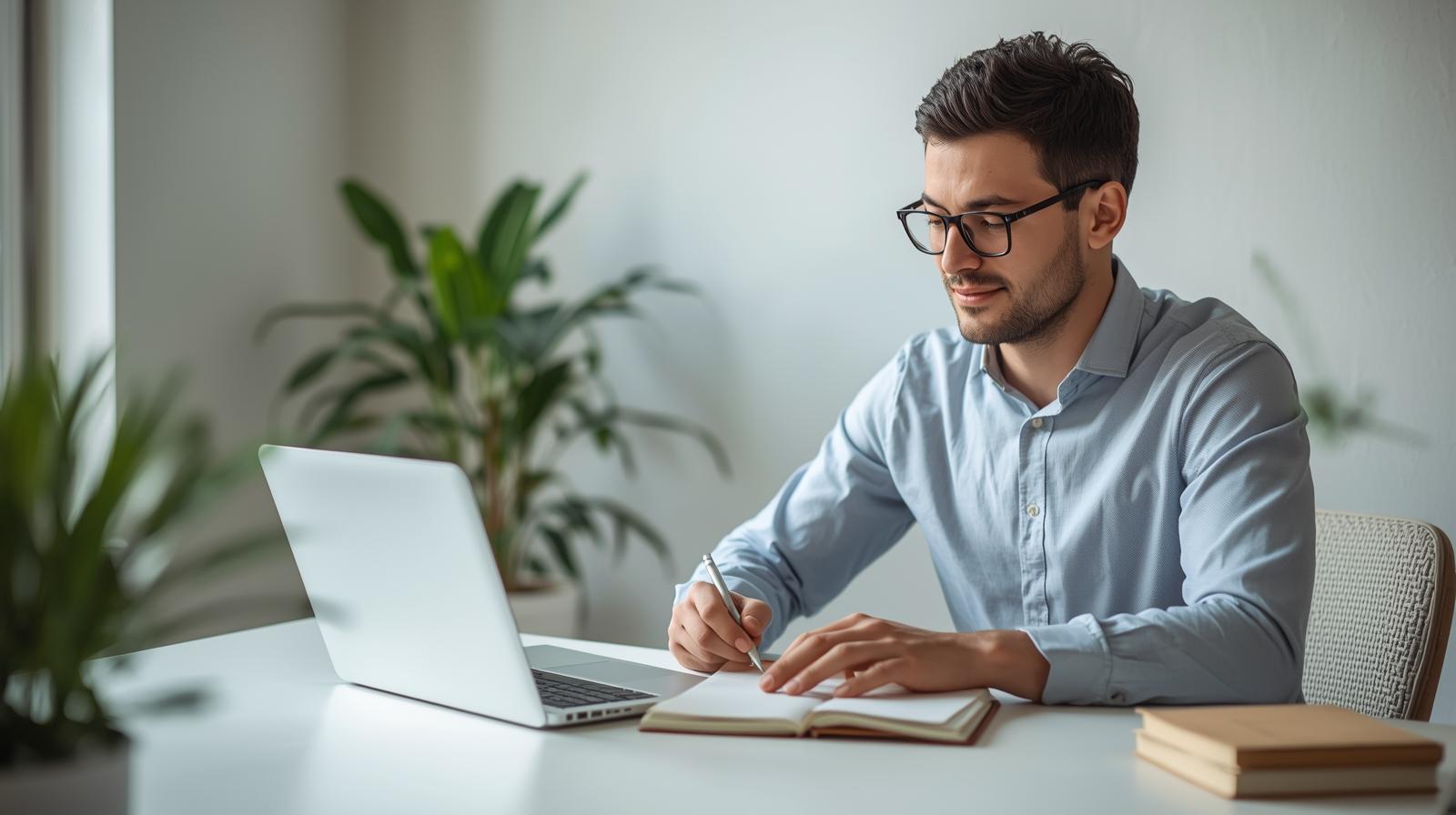 Pessoa utilizando habilidades profissionais no notebook e anotando ideias de serviços em um caderno.
