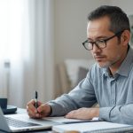 Pessoa estudando Tesouro Direto no notebook e anotando informações sobre prazos e rentabilidade em um caderno.