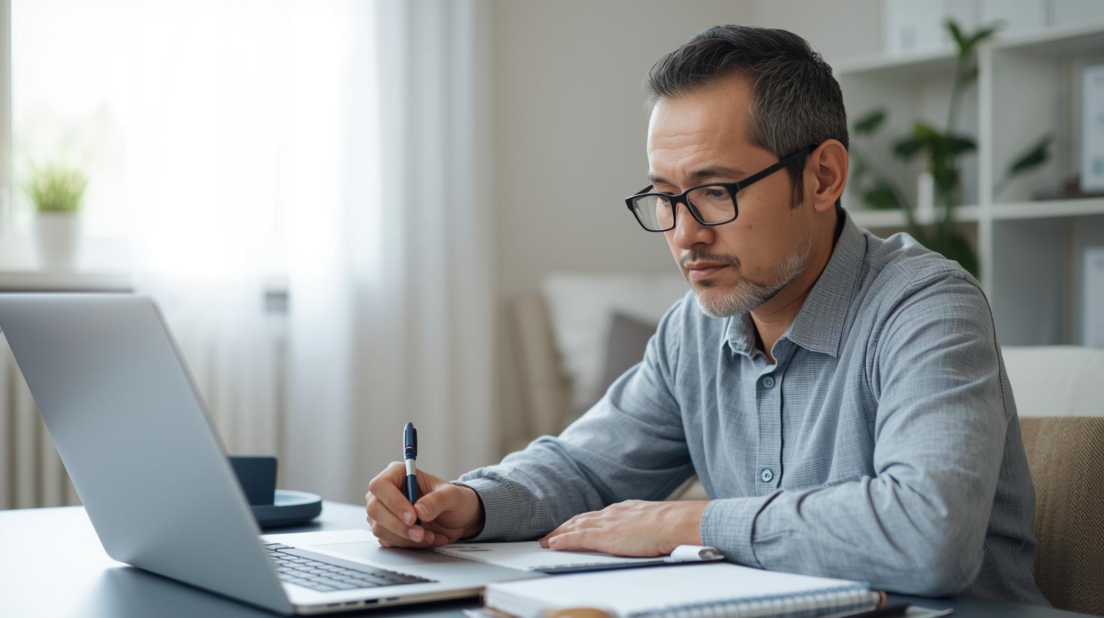 Pessoa estudando Tesouro Direto no notebook e anotando informações sobre prazos e rentabilidade em um caderno.