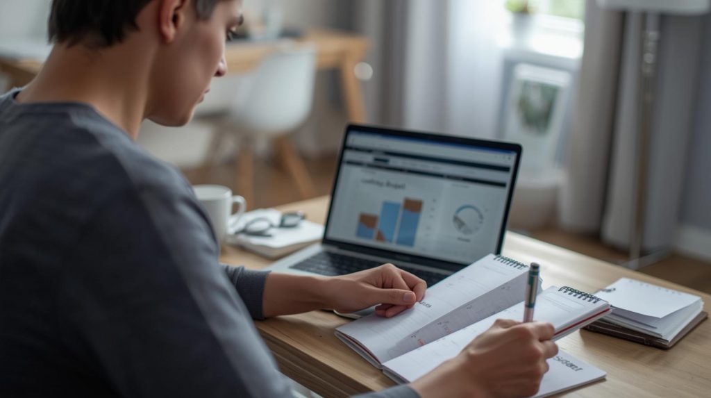 Pessoa montando um orçamento pessoal no notebook e anotando metas de gastos e economia em um caderno organizado.