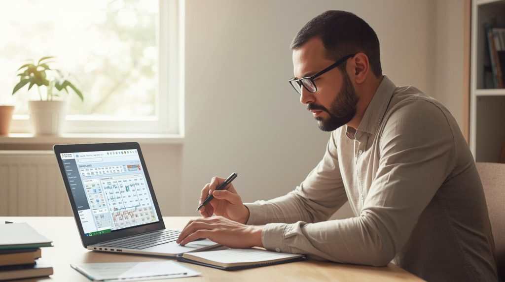 Pessoa analisando carteira diversificada de investimentos no notebook e anotando distribuição de ativos em um caderno.