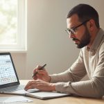 Pessoa analisando carteira diversificada de investimentos no notebook e anotando distribuição de ativos em um caderno.