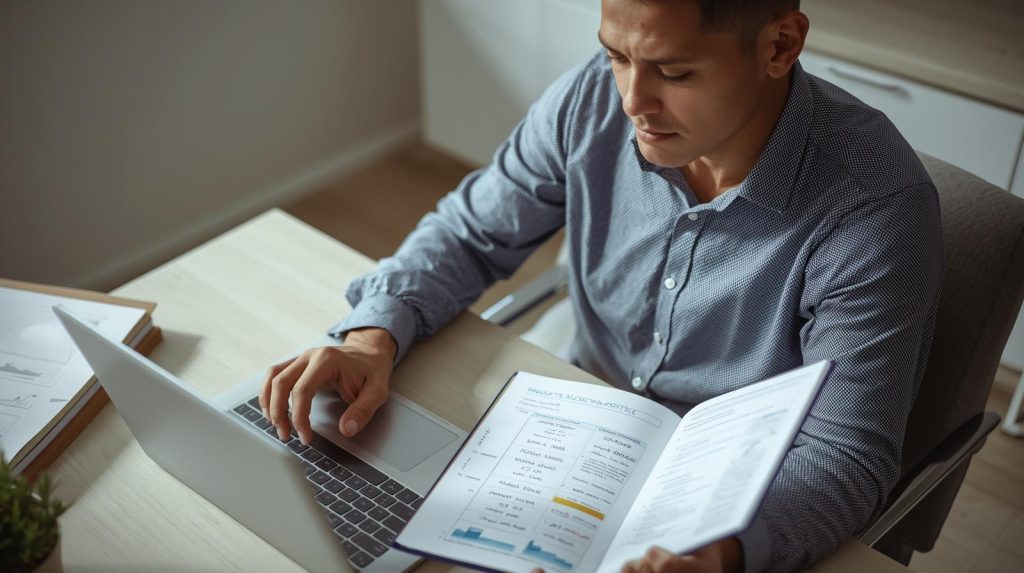 Pessoa organizando uma carteira de investimentos diversificada no notebook e revisando a distribuição de ativos em um caderno.