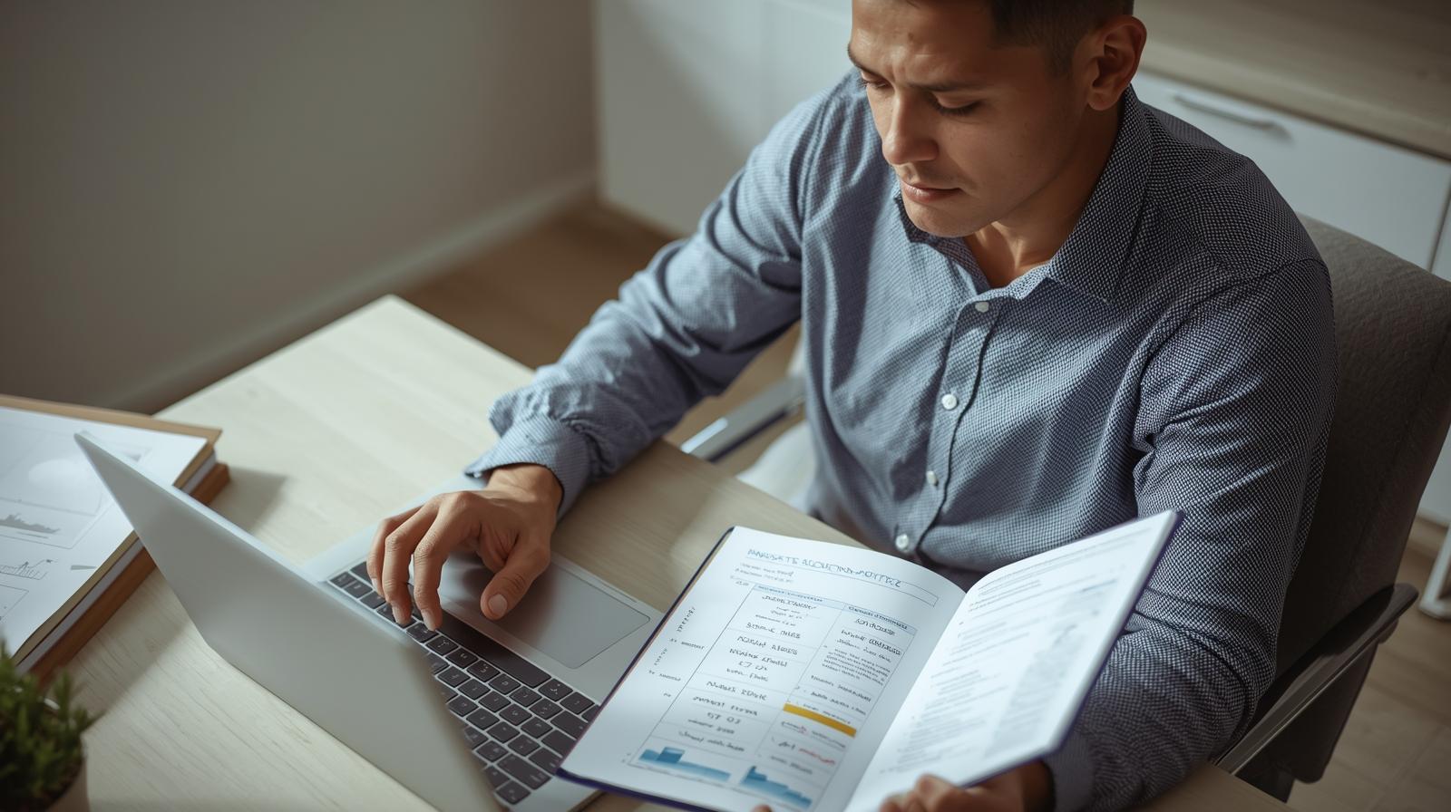 Pessoa organizando uma carteira de investimentos diversificada no notebook e revisando a distribuição de ativos em um caderno.