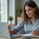 Pessoa acompanhando gastos diários no notebook e anotando metas financeiras em um caderno organizado.