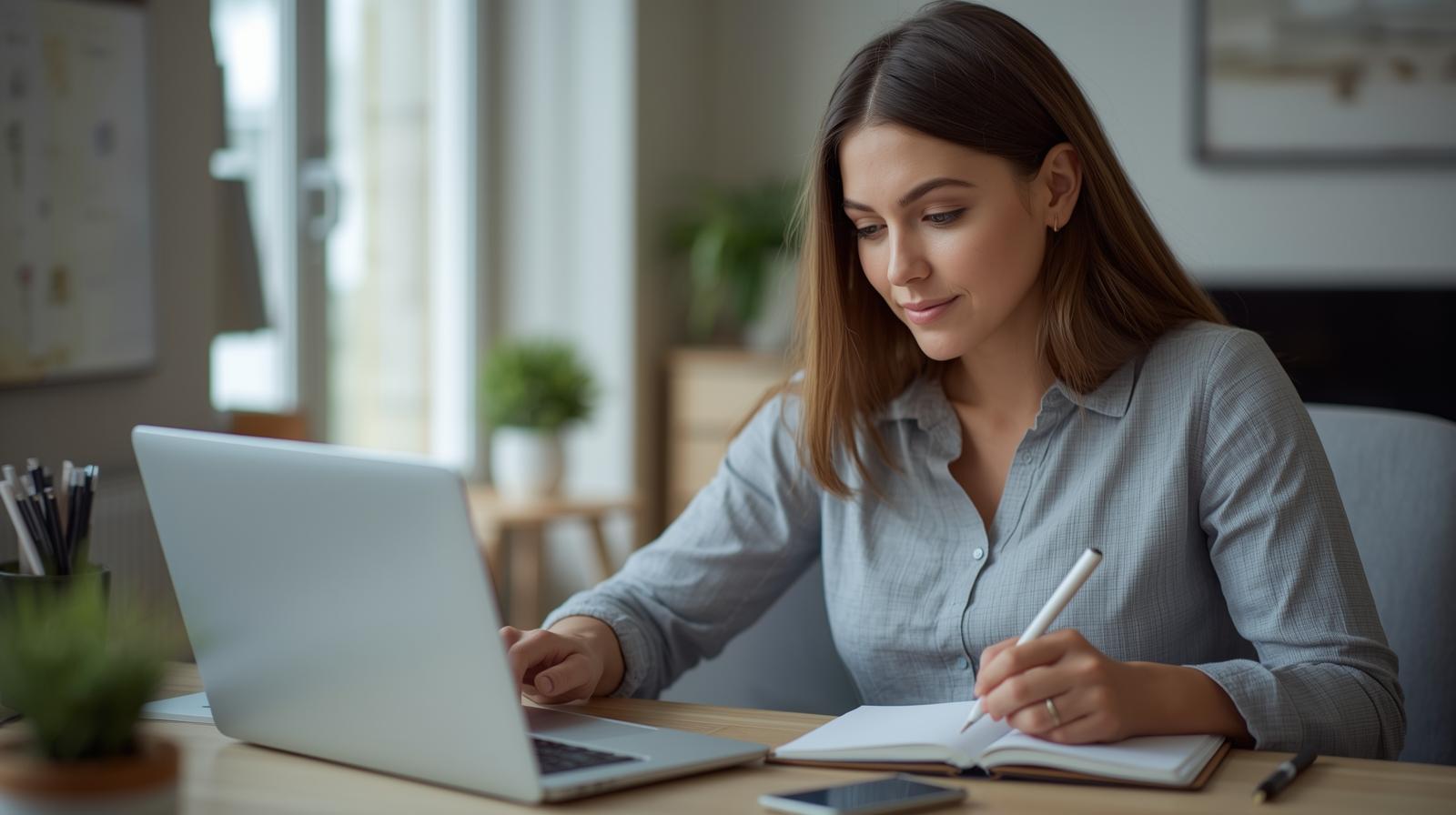 Pessoa acompanhando gastos diários no notebook e anotando metas financeiras em um caderno organizado.