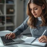 Pessoa definindo metas financeiras de curto, médio e longo prazo no notebook e organizando objetivos em um caderno.