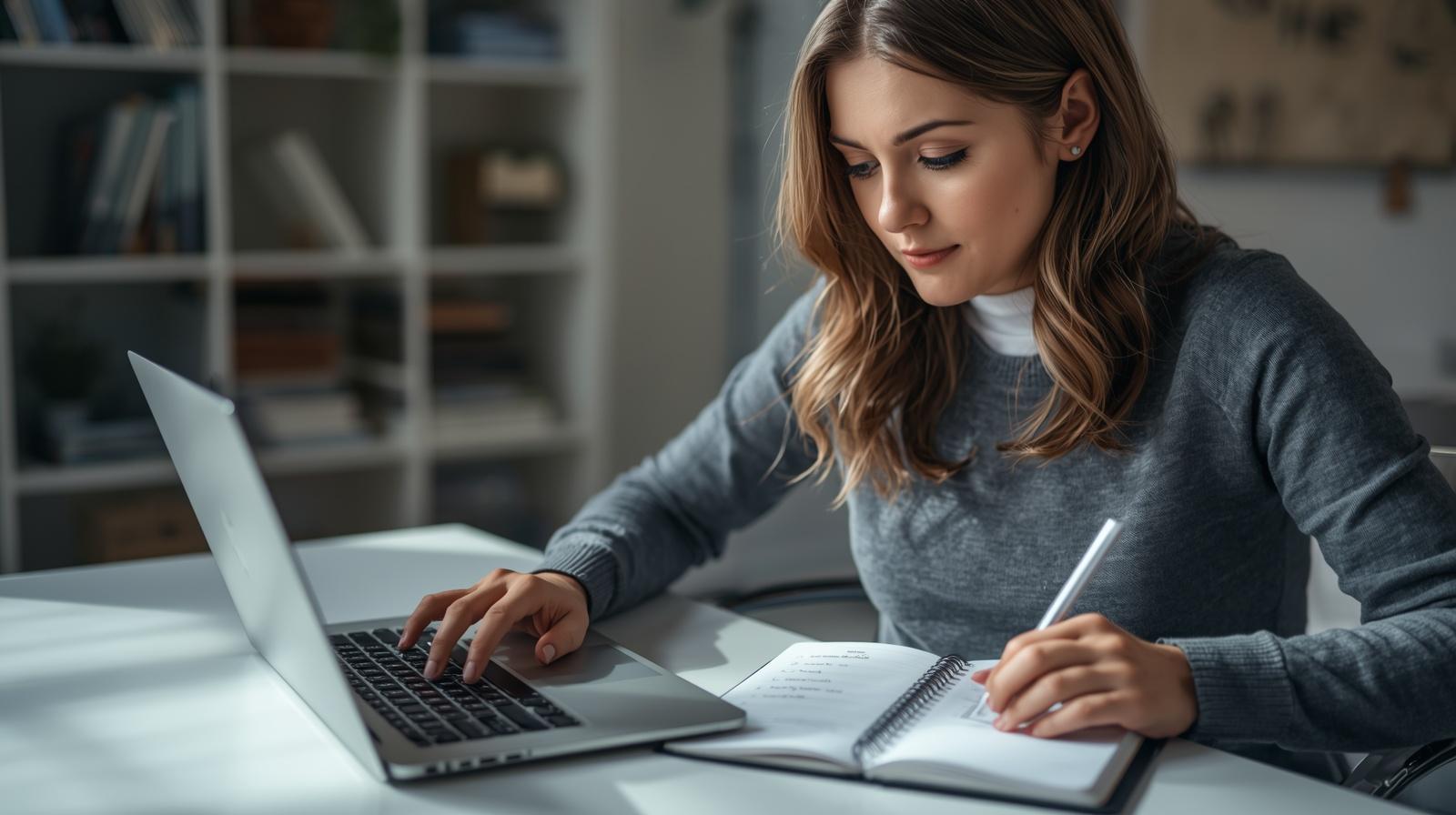 Pessoa definindo metas financeiras de curto, médio e longo prazo no notebook e organizando objetivos em um caderno.