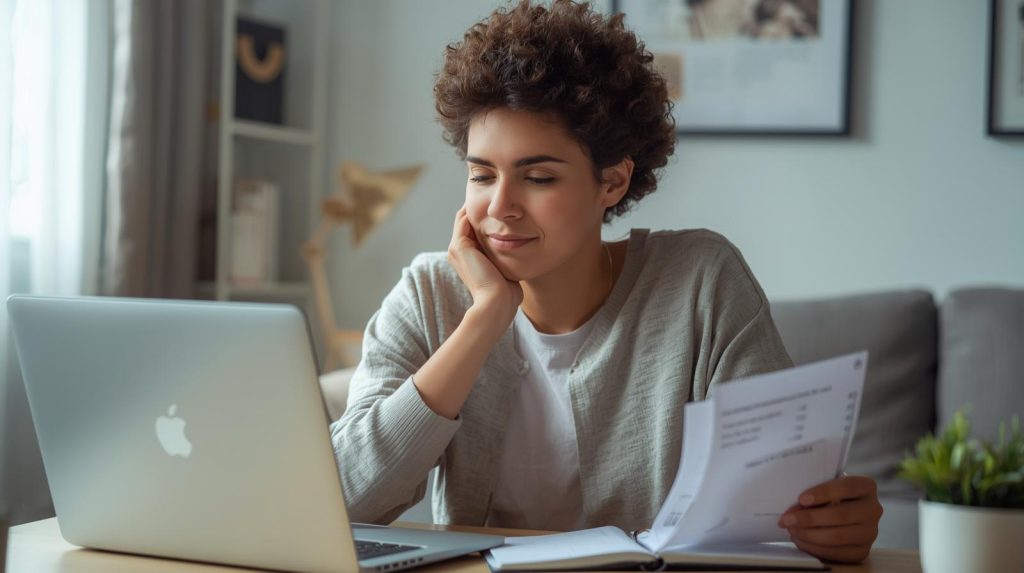 Pessoa analisando gastos no notebook e refletindo sobre consumo consciente enquanto organiza recibos.