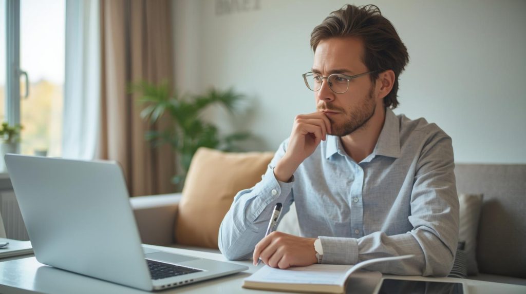 Pessoa analisando renda e despesas no notebook enquanto organiza prioridades financeiras em um caderno.