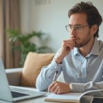 Pessoa analisando renda e despesas no notebook enquanto organiza prioridades financeiras em um caderno.