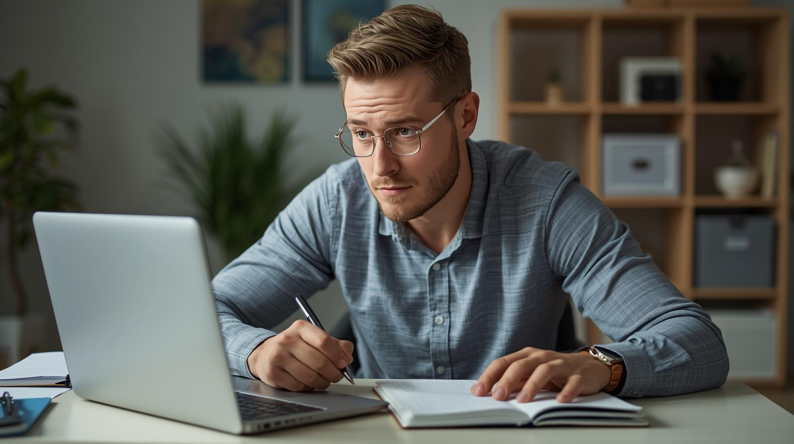 Pessoa estudando investimentos no notebook e anotando conceitos sobre segurança e diversificação em um caderno.