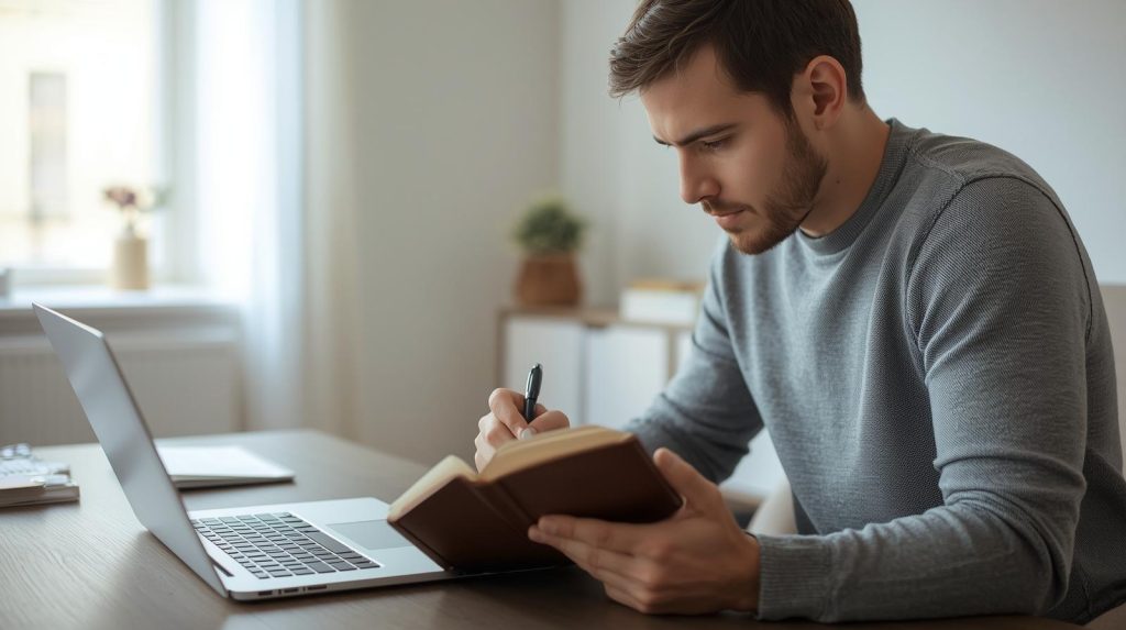 Pessoa analisando riscos e retornos de investimentos no notebook e anotando observações em um caderno.