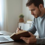 Pessoa analisando riscos e retornos de investimentos no notebook e anotando observações em um caderno.